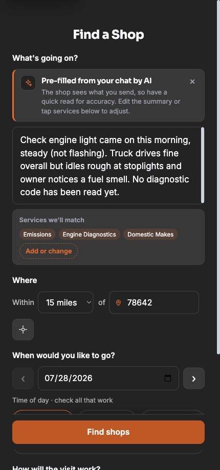 The Find a Shop screen with a summary pre-filled from the chat, tagged Emissions, Engine Diagnostics and Domestic Makes, above the distance, date and time-of-day controls.
