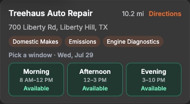 A shop result card showing distance, address, the matched Domestic Makes, Emissions and Engine Diagnostics tags, and three windows for Wednesday: morning, afternoon and evening, all available.