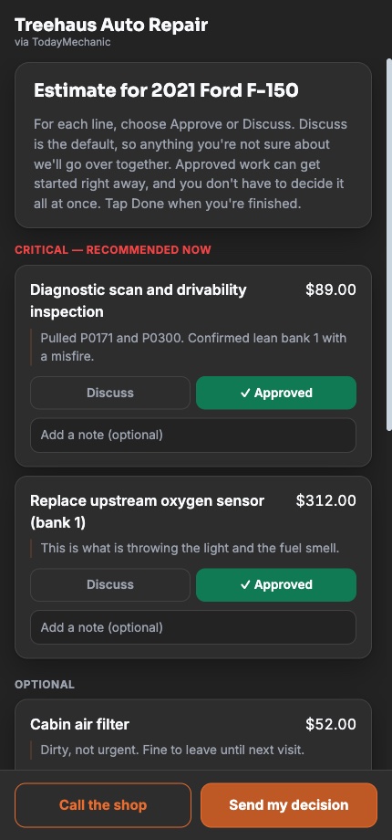 A customer estimate for a 2021 Ford F-150 with the diagnostic scan and the oxygen sensor marked approved in green, an optional cabin air filter still to decide, and buttons to call the shop or send the decision.